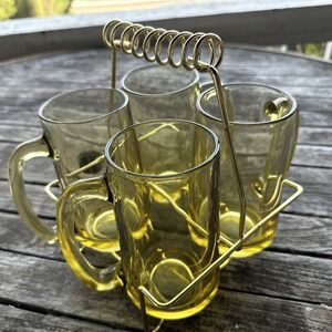 1950's Hazel Atlas Amber Glass D-Shaped Handle Beer Mugs w/ Brass Carrying Caddy